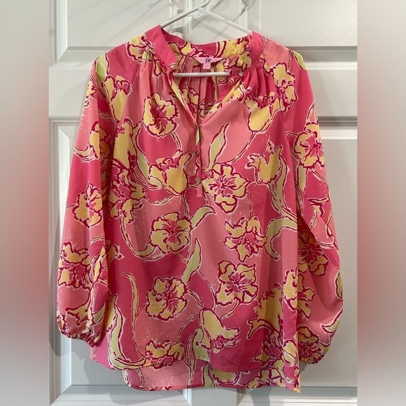 Lilly Pulitzer Tops - Lilly Pulitzer Elsa Daylily Silk Blouse Top Pink Yellow Floral Size S Popover